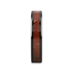 TRIASSIC Red Dinosaur Bone Inlaid Black Ceramic Beveled Edged Ring - 4mm & 8mm