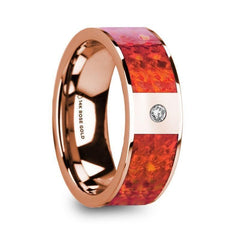 GIANNES Red Opal Inlaid Polished 14k Rose Gold Men’s Wedding Ring with Diamond Accent - 8mm
